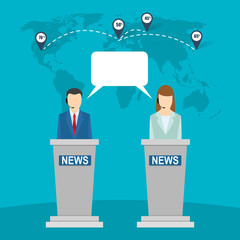 news studio on background of the world map. two anchors