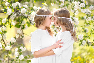 portrait of two girls of girlfriends on a summer nature