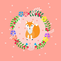 hand drawn greeting card with a wreath of leaves and flowers, wi