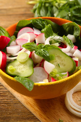 Fresh vegetable salad on table close up