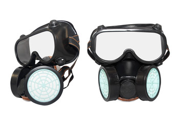 Isolated black rubber dust mask with air filters profile and front view on white background.