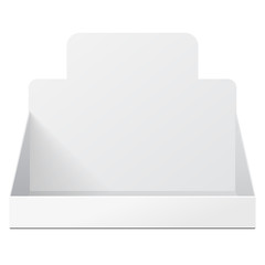 White Holder Box POS POI Cardboard Blank Empty Displays Products On White Background Isolated. Ready For Your Design. Product Packing. Vector EPS10 