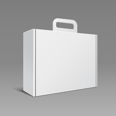 Carton Or Plastic White Blank Package Box With Handle. Briefcase, Case, Folder, Portfolio Case. Ready For Your Design. Product Packing Vector EPS10