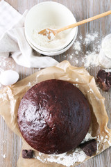 Home made chocolate pie on craft paper