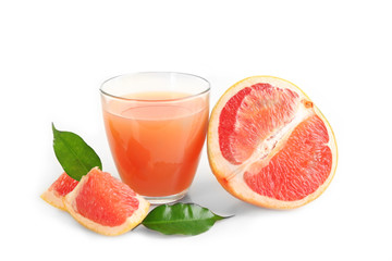 Citrus juice and fresh fruits isolated on white