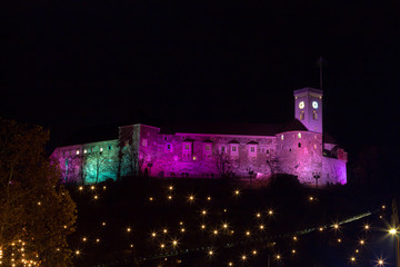 Ljubljana, Slovenia - November 27, 2015. Ljubljana castle and the hill in christmas lights.