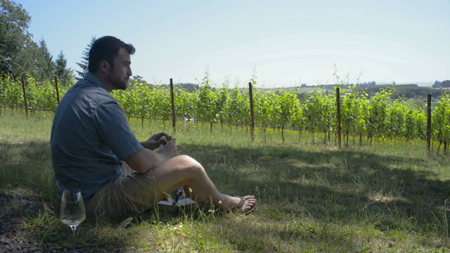 Man eating a sandwich with a glass of white wine while looking at the view of a vineyard