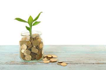 Money and growing sprout in glass jar on table