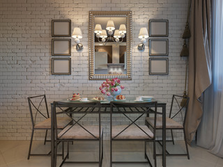 Fototapeta premium 3D illustration of kitchen with beige facades and furniture from forging