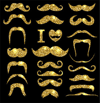 Moustaches gold glitter set. Design elements.
