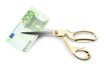 Scissors cut euro banknote, isolated on white