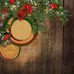 Christmas grunge wooden background with fir branches, bullfinch