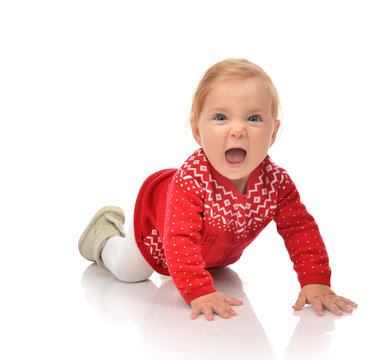 Infant child baby girl crawling  in red sweater yelling laughing