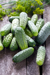 fresh cucumbers on wooden table