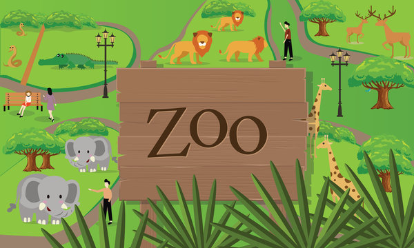 zoo animals map sign board wood nature vector illustration