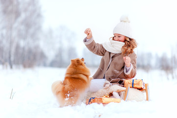 девочка с собакой в зимнем лесу на санках - obrazy, fototapety, plakaty