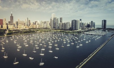 Chicago Skyline aerial view with boats on Lake Michigan