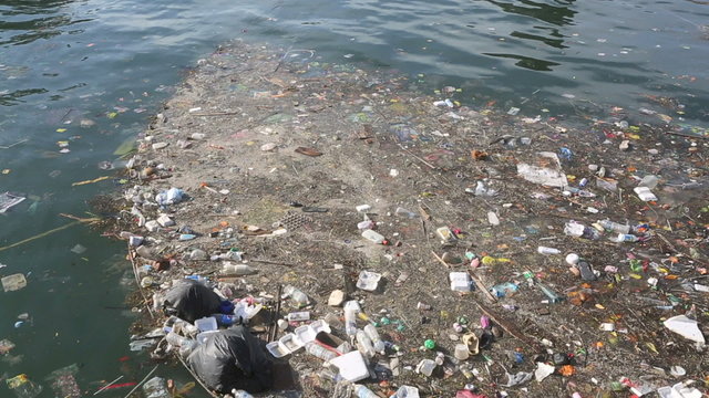 Plastic bottles and other trash floating in ocean
