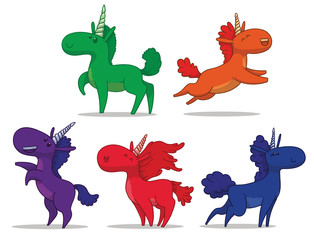 Vector Set of cute unicorns. Cartoon image of five cute unicorns green, orange, purple, pink and blue colors in various poses on a light background.