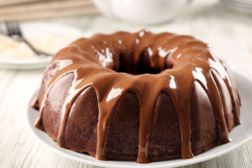 Round cake on plate closeup