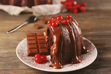 Piece of chocolate cake with snowball tree berries on a table