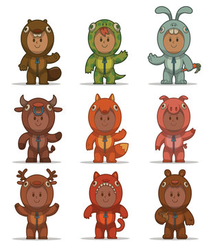 Vector Set of Kids in animals costumes. Cartoon image of nine children in costumes of different animals: beaver, lizard, rabbit, bull, fox, pig, deer, bear and cat on a light background.