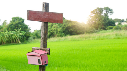 Wooden Signs and mail box hold wooden post on cornfield backgrou