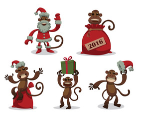 Vector Set of New Year's Monkeys. Cartoon image of five funny New Year's brown monkeys with different attributes of the holiday on a light background. 