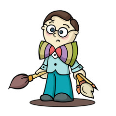 Cartoon boy painter with brushes. Cute vector illustration isolated on white background.