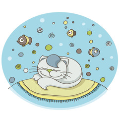 Cat dream about fishes. Hand-drawn vector illustration.