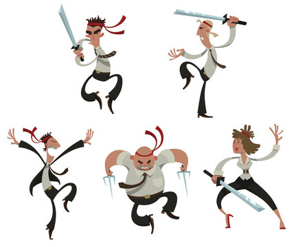 Vector Set of Office warriors. Cartoon image of  five office warriors in office clothes with red bands on their heads, with different weapons in their hands in different poses on a light background.