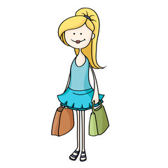 Happy young women with shopping bags. Cute cartoon blonde woman in blue dress. Hand-drawn vector illustration.
