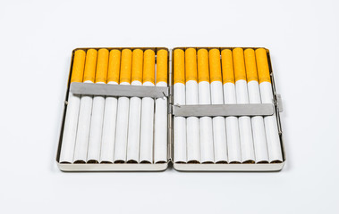 an aluminum box of cigarettes on white background.