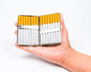 an aluminum box of cigarettes on white background.