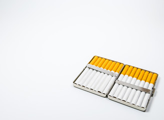 an aluminum box of cigarettes on white background.