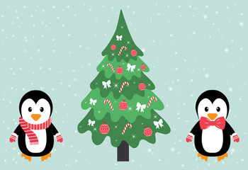 penguin with a scarf and tie and fir-tree