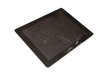 black broken tablet on white background