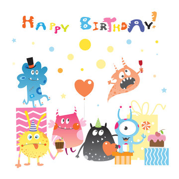 Card to birthday with cute cartoon monster, gifts and sweets. Vector image.