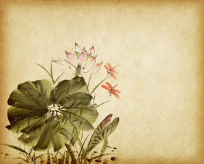 Chinese painting of a Lotus on old Paper Background