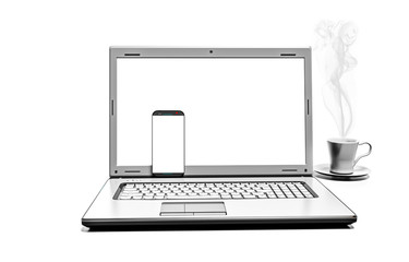Fototapeta premium Close up coffee cup with laptop and cell phone isolated on white background