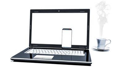 Close up coffee cup with laptop and cell phone isolated on white background