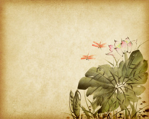 Chinese painting of a Lotus on old Paper Background
