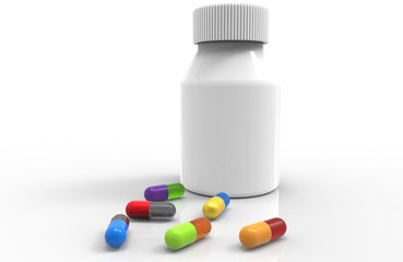 Capsules and tablets next to the container on white background