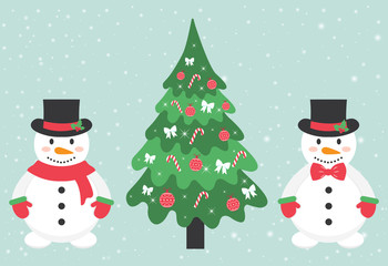 snowman with a scarf and tie and fir-tree