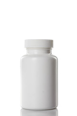 white plastic bottle of supplements on white background