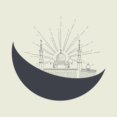 Sketch Silhouette of mosque with minarets on moon Crescent. Concept for Islamic Muslim holiday for celebration Mawlid birthday of prophet Muhammad, holy month of Ramadan Kareem, Eid Mubarak