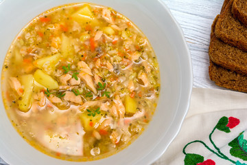 Fish salmon soup with broccoly