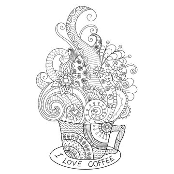 A cup of hot coffee zentangle design for coloring book for adult