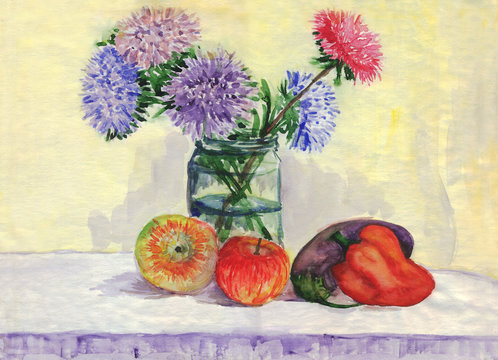 Still life. Bouquet of asters, apples, peppers, eggplant. Watercolor painting
