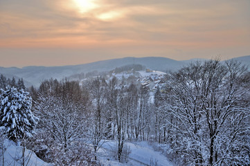 Winterabend im Urlaubsort Sankt Andreasberg im Harz,Deutschland